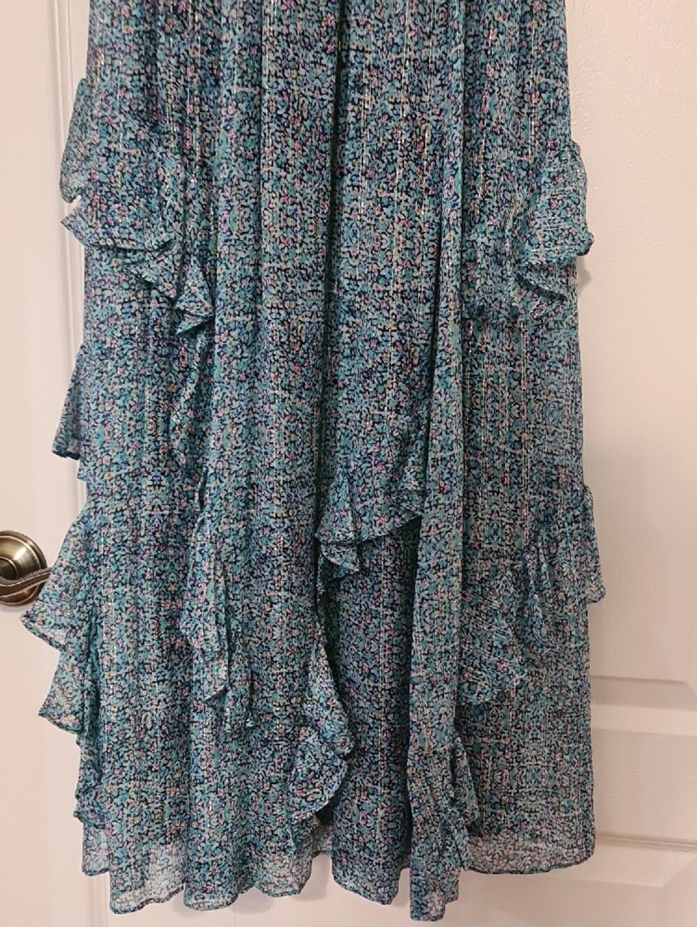 Rebecca Taylor - Teal Metallic Floral Ruffle Maxi Dress - Picture 4 of 7
